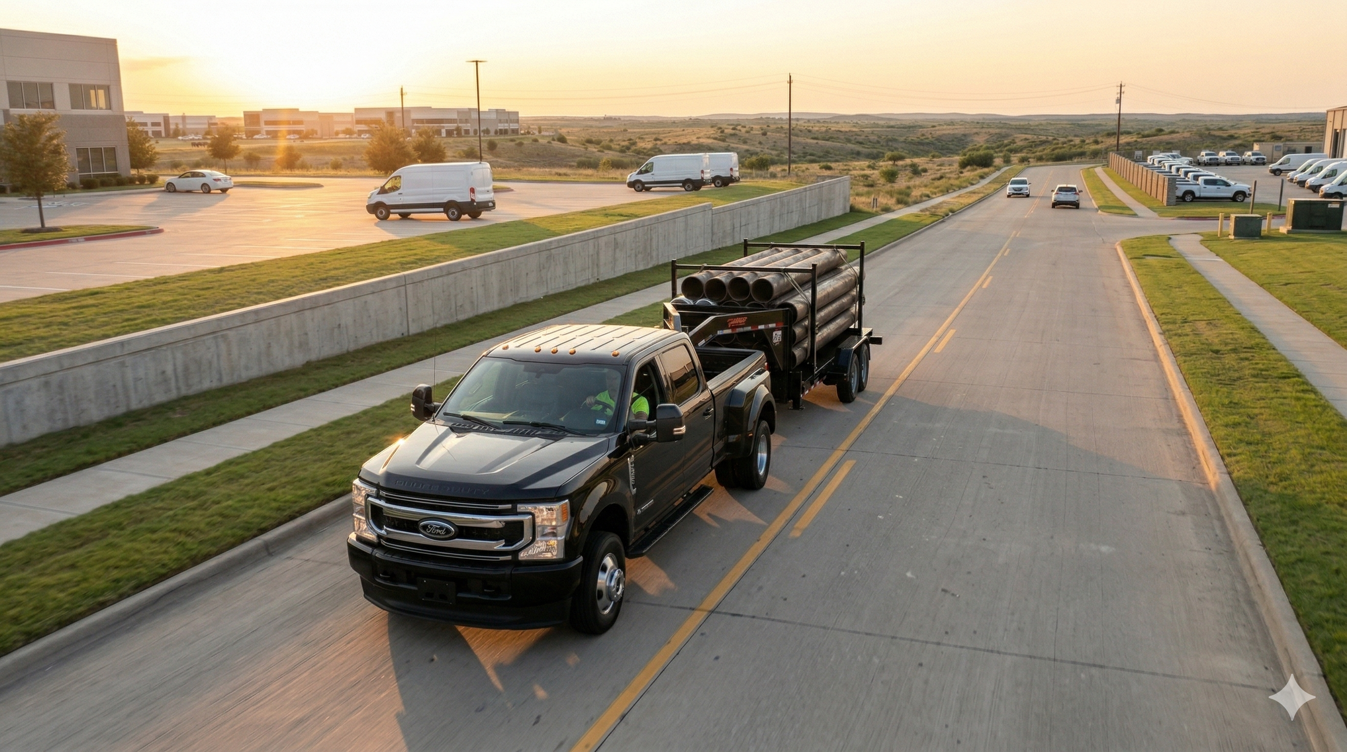 Hot shot truck hauling pipe on Texas road at sunset