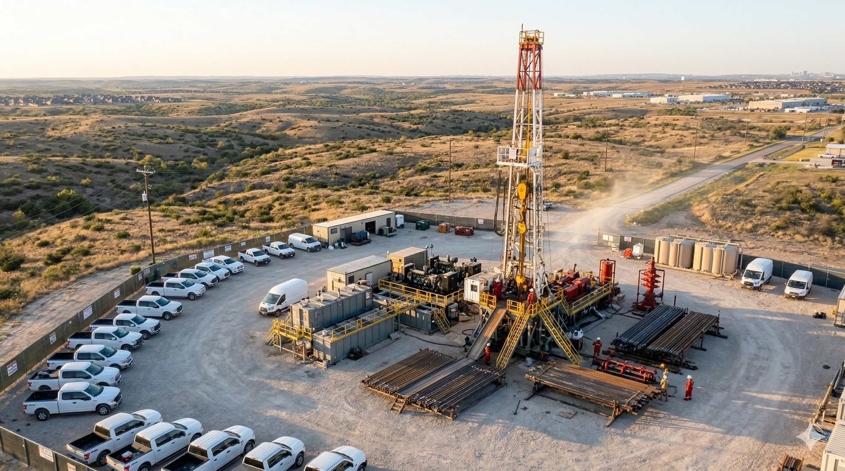 Aerial view of oil drilling rig site in Texas