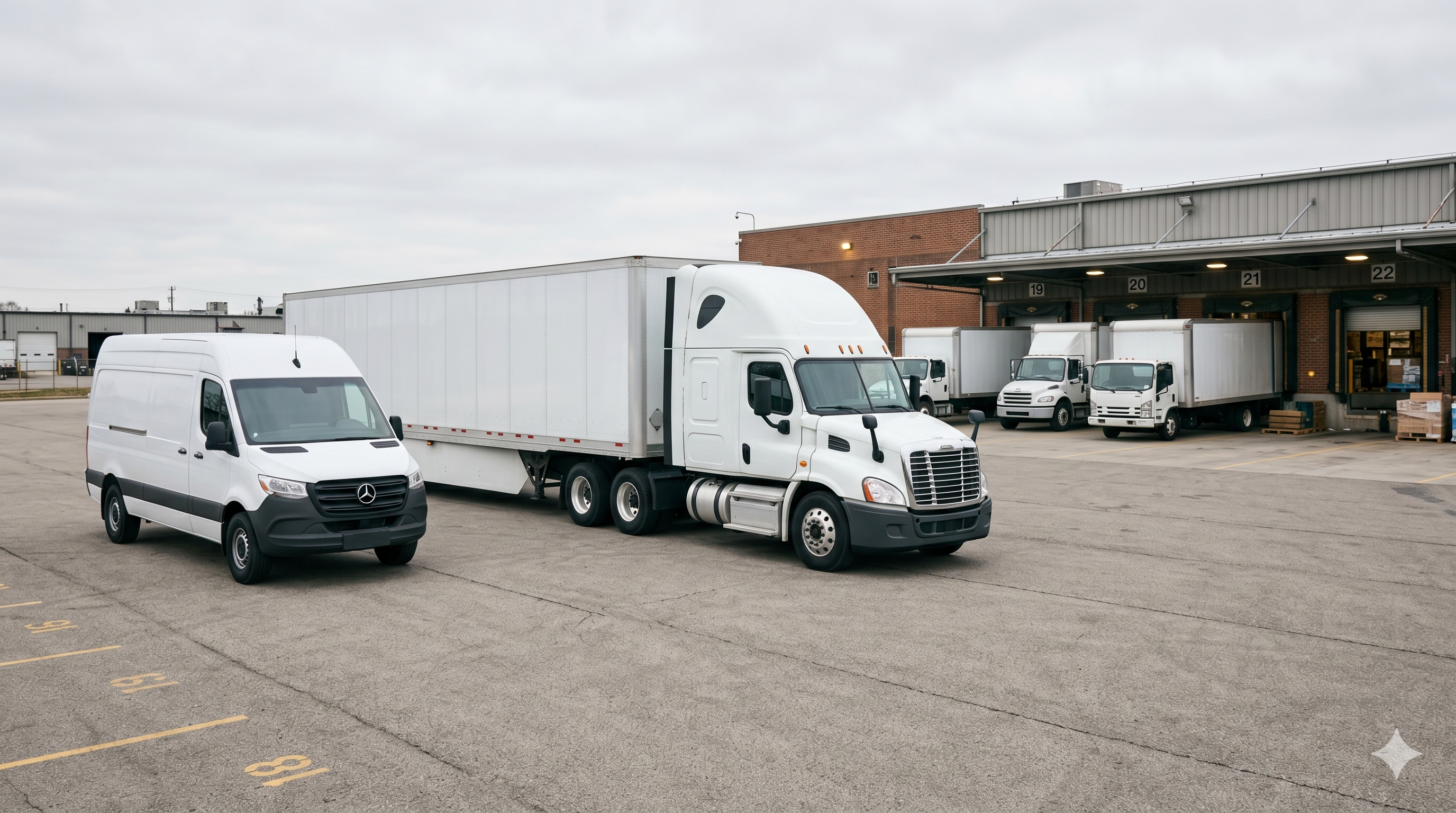 Sprinter van and 53-foot dry van at a freight loading dock