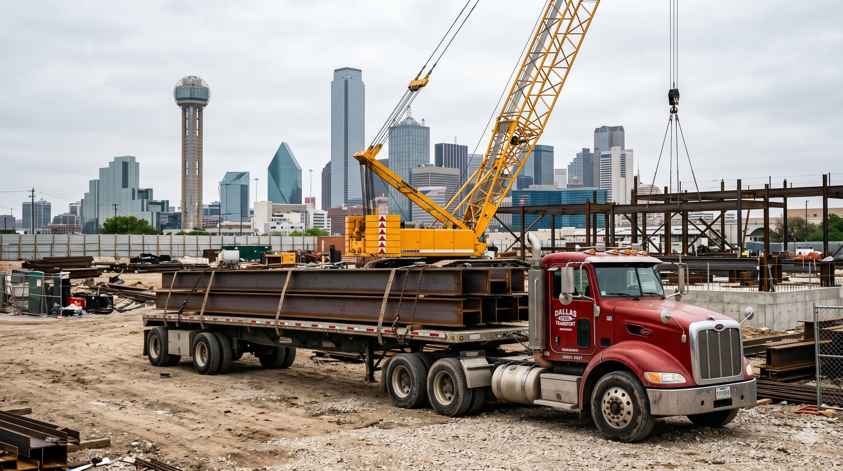 Flatbed truck delivering structural steel at an active Dallas construction jobsite