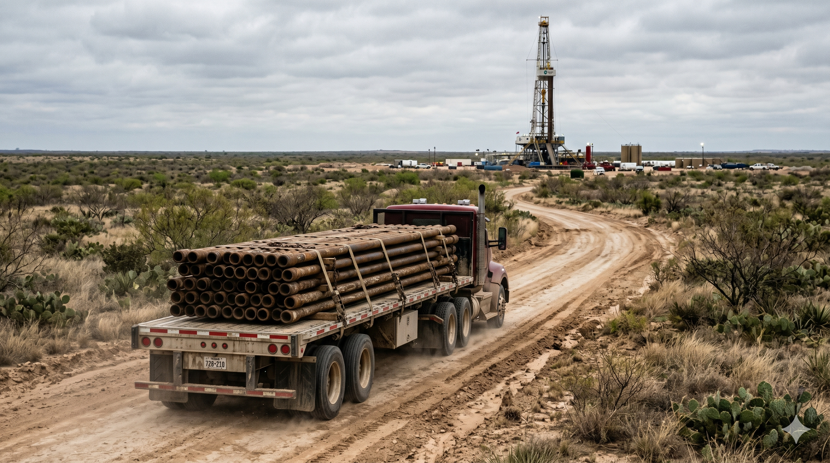 Flatbed truck hauling pipe on a lease road toward an oil drilling rig in West Texas