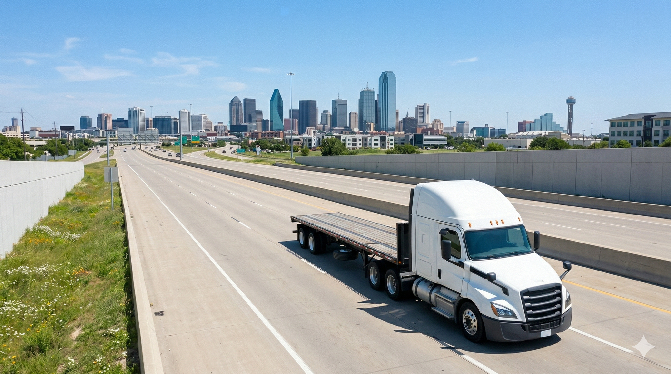 Flatbed truck hauling heavy equipment